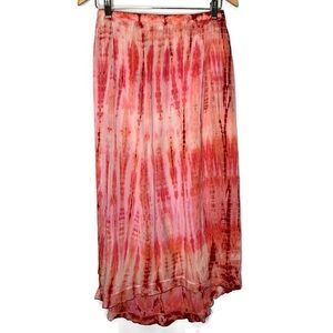 Vintage Johnny Was Pink Tie Dye Ruffle Hi Low Hem Elastic Waist Maxi Skirt S